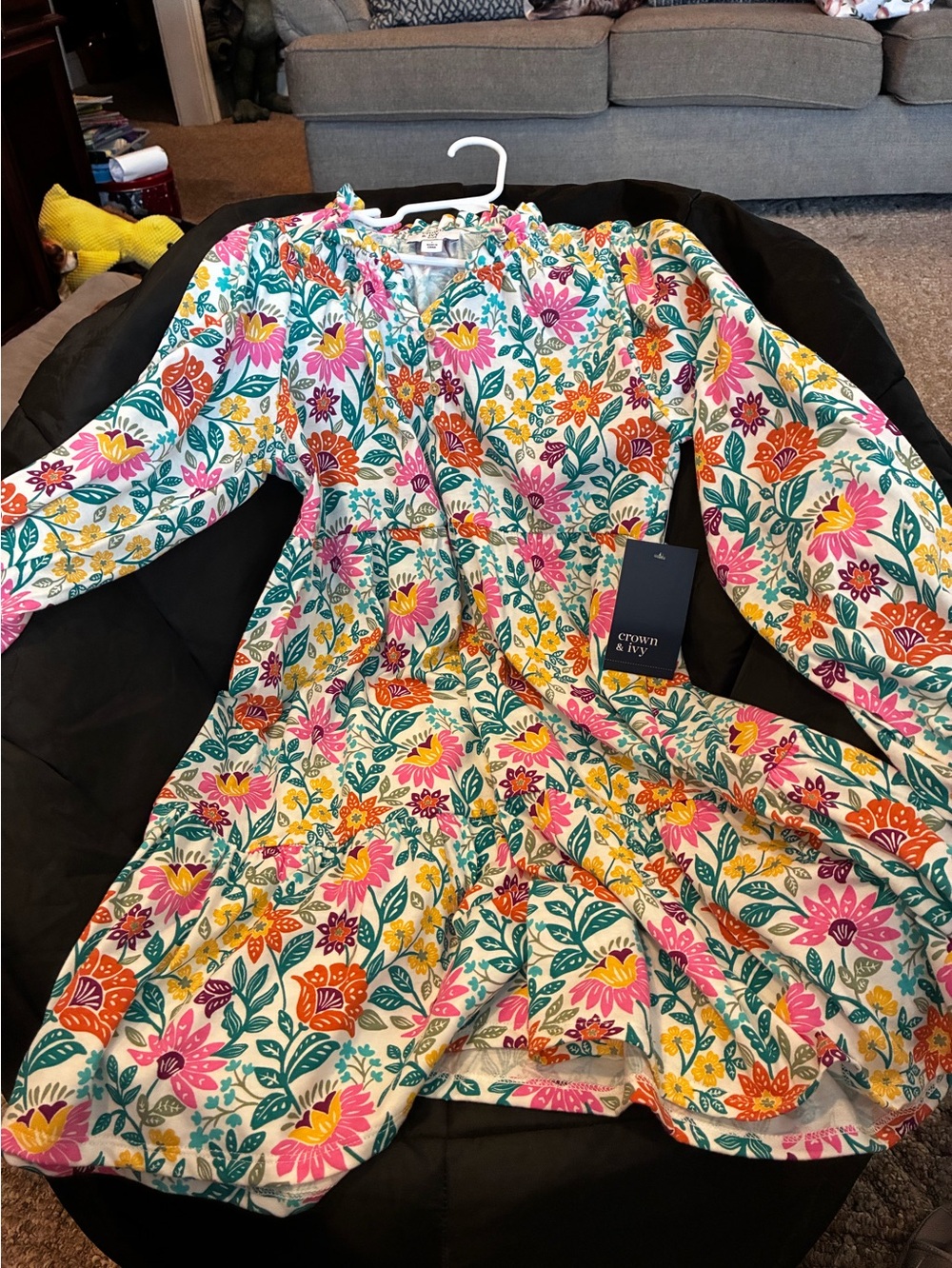 crown & ivy Girls Floral Long-Sleeve Dress in Pink, Teal & Yellow